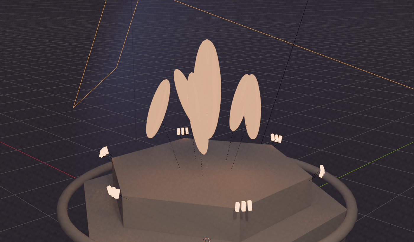 Blender viewport showing the EssenceNode source scene — a hexagonal plinth with crystal shards and rune tiles under a camera and area light, before rendering