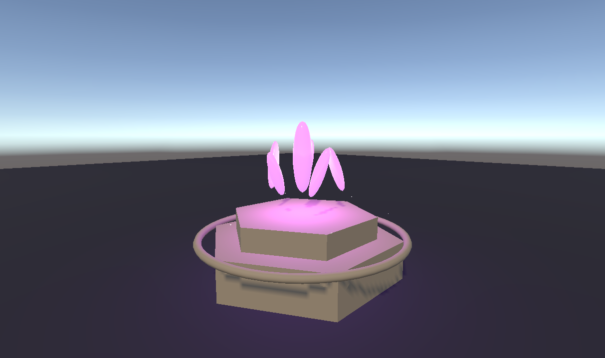 First generic EssenceNode prototype — violet glowing crystal shards on a hexagonal stone plinth with a ring base