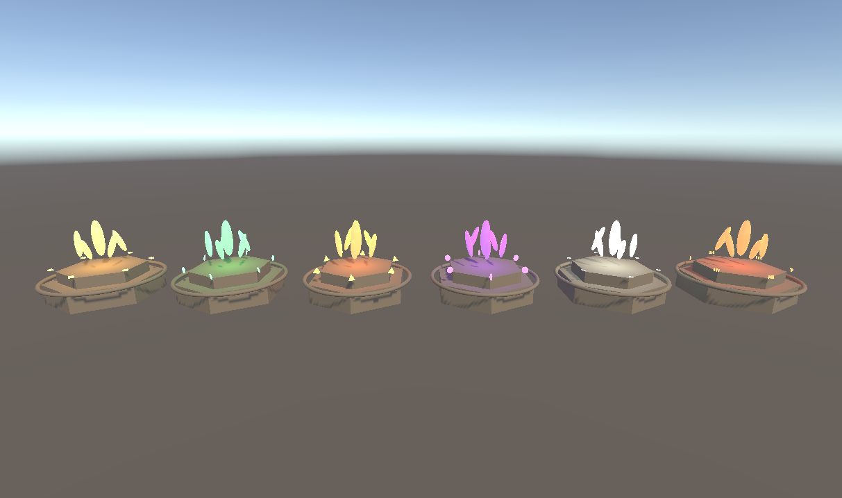 Six EssenceNode prefabs standing in a row, one per playable people — gold, emerald, copper, violet, white and ember crystal shards on hexagonal plinths