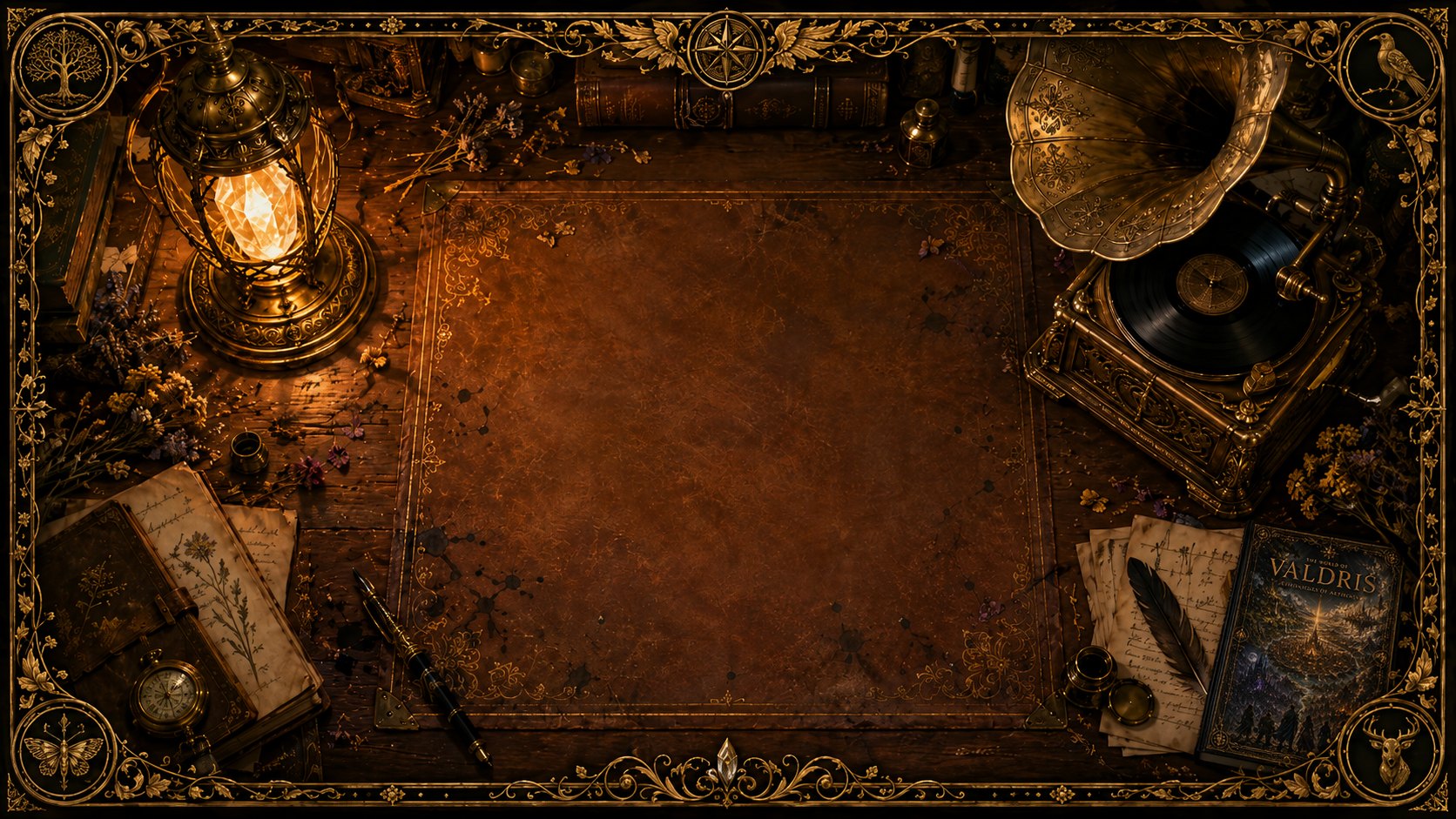 The Bestiarium main-menu desk — an aether-lamp, a gramophone, dried flowers, and a closed Valdris book on a leather-topped mahogany table